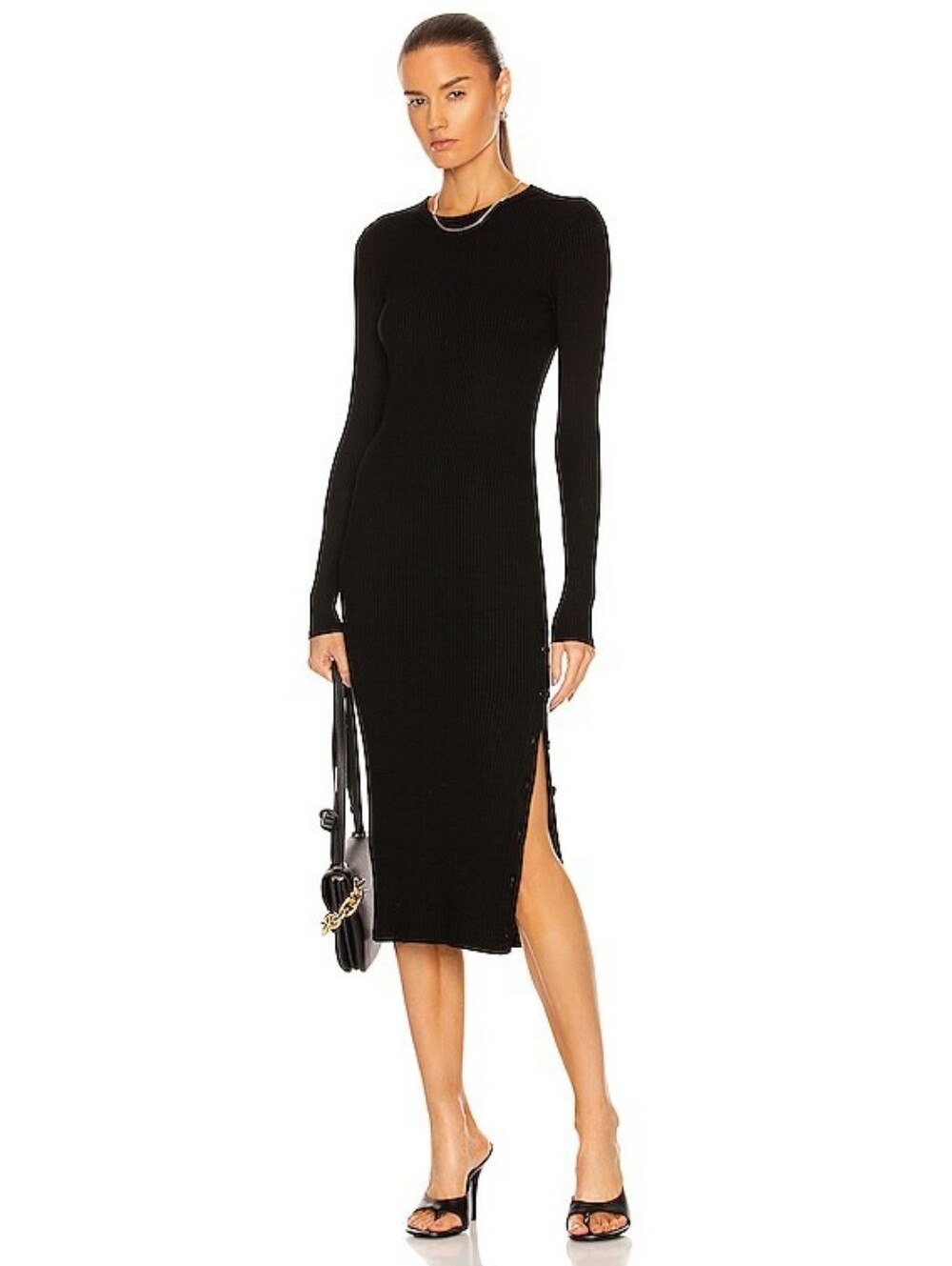 Enza Costa Viscose Rib Crewneck Button Midi Dress Black S Bodycon Long Sleeve